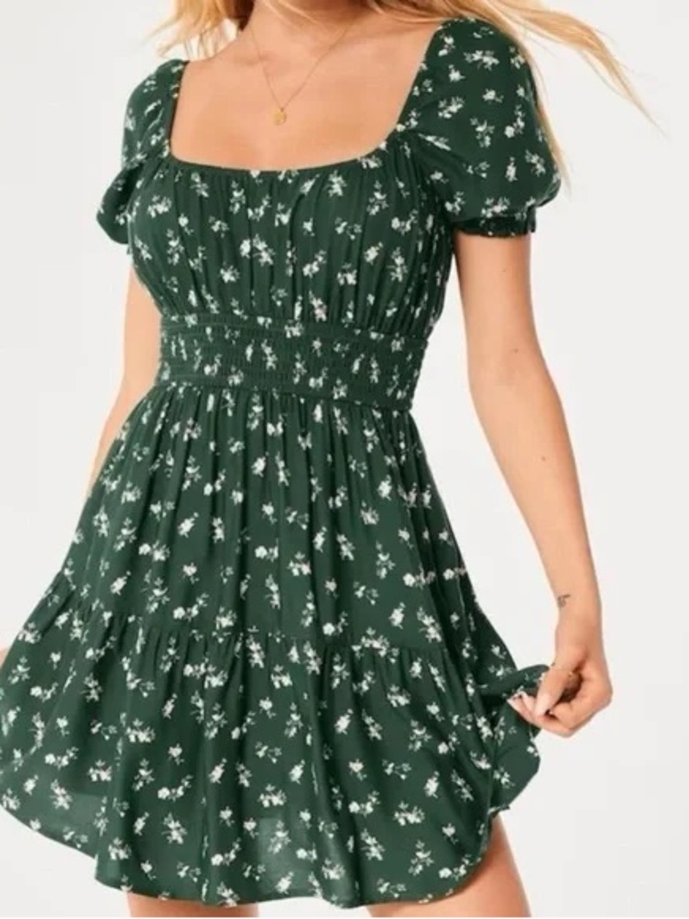 Hollister Green Floral Smocked Mini Dress Short Puff Sleeve with Shorts! - Picture 2 of 8